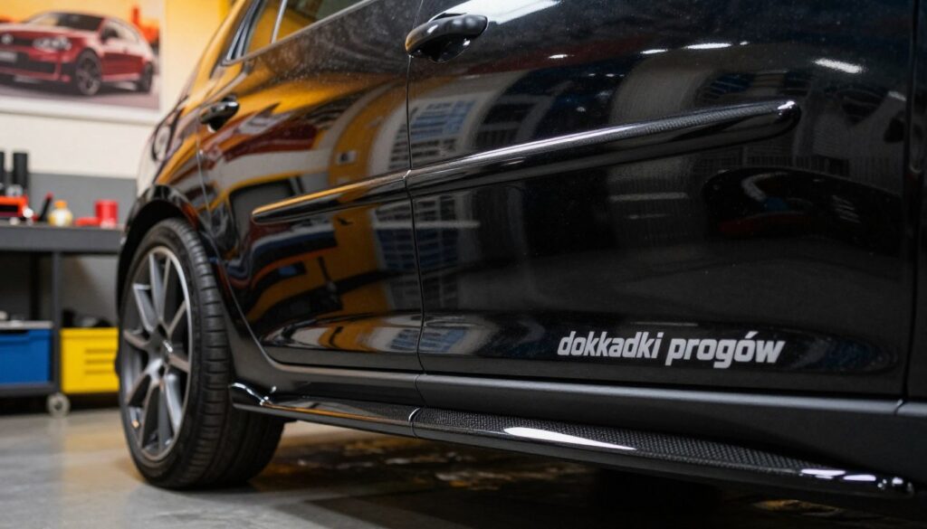 A close-up view of stylish "dokładki progów" (side skirts) designed for the Golf 5, emphasizing their sleek contours and high-quality finish. The foreground features the side skirts mounted on a shiny black Golf Mk5, showcasing the precise fit and smooth lines. In the middle, a slightly blurred image of the car's body, highlighting the color contrasts of the car's original paint against the vibrant skirts. In the background, a garage setting with tools and automotive posters, softly lit with warm, ambient lighting to enhance the mood of a car enthusiast's workspace. The image captures a sense of passion for automotive design and customization, appealing to fans of the OEM+ or sporty aesthetic. A close-up view of stylish "dokładki progów" (side skirts) designed for the Golf 5, emphasizing their sleek contours and high-quality finish. The foreground features the side skirts mounted on a shiny black Golf Mk5, showcasing the precise fit and smooth lines. In the middle, a slightly blurred image of the car's body, highlighting the color contrasts of the car's original paint against the vibrant skirts. In the background, a garage setting with tools and automotive posters, softly lit with warm, ambient lighting to enhance the mood of a car enthusiast's workspace. The image captures a sense of passion for automotive design and customization, appealing to fans of the OEM+ or sporty aesthetic.