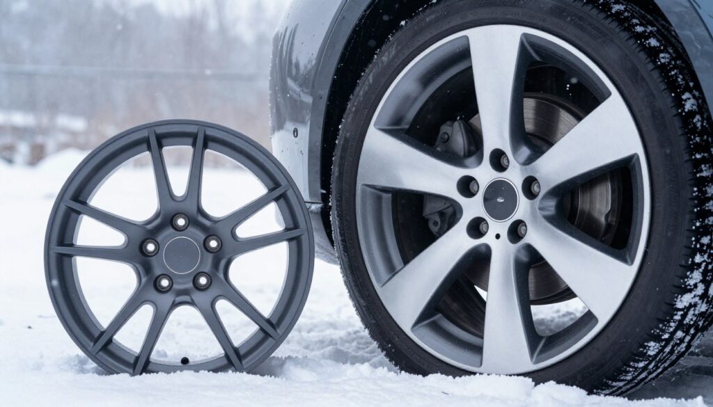 A close-up view of two distinct winter wheel rims side by side on a snowy surface, with one rim visibly smaller than the other. The foreground shows intricate details of the smaller rim’s design, focusing on its sleek spokes and matte finish. The middle ground features the larger rim with a shiny surface, emphasizing its size contrast. In the background, a softly lit winter landscape with gently falling snowflakes enhances the cold atmosphere. The lighting is cool and bright, mimicking a crisp winter day, with light reflecting subtly off the rim surfaces. The overall mood conveys a sense of practicality and decision-making, ideal for comparing the attributes of smaller and larger winter rims. A close-up view of two distinct winter wheel rims side by side on a snowy surface, with one rim visibly smaller than the other. The foreground shows intricate details of the smaller rim’s design, focusing on its sleek spokes and matte finish. The middle ground features the larger rim with a shiny surface, emphasizing its size contrast. In the background, a softly lit winter landscape with gently falling snowflakes enhances the cold atmosphere. The lighting is cool and bright, mimicking a crisp winter day, with light reflecting subtly off the rim surfaces. The overall mood conveys a sense of practicality and decision-making, ideal for comparing the attributes of smaller and larger winter rims.