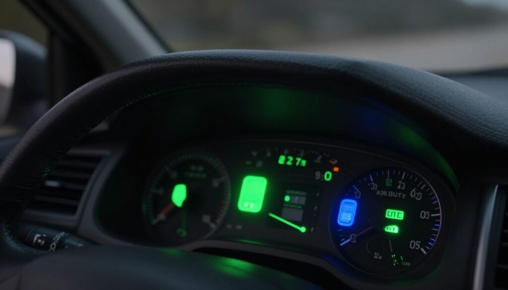 A collection of car dashboard warning lights, emphasizing clear and recognizable green and blue indicators that inform the driver without signaling immediate danger. In the foreground, a detailed close-up of these lights glows brightly against a dark dashboard background. The middle layer includes a slightly blurred view of a car interior, showcasing the steering wheel and instrument panel to create context. The background fades into a subtle gradient of black to gray, highlighting the vibrant colors of the lights. Soft, ambient lighting ensures the dashboard's features are illuminated yet not harsh, capturing a calm and informative atmosphere. The camera angle is slightly angled downwards to focus on the warning lights, making them the central visual element. A collection of car dashboard warning lights, emphasizing clear and recognizable green and blue indicators that inform the driver without signaling immediate danger. In the foreground, a detailed close-up of these lights glows brightly against a dark dashboard background. The middle layer includes a slightly blurred view of a car interior, showcasing the steering wheel and instrument panel to create context. The background fades into a subtle gradient of black to gray, highlighting the vibrant colors of the lights. Soft, ambient lighting ensures the dashboard's features are illuminated yet not harsh, capturing a calm and informative atmosphere. The camera angle is slightly angled downwards to focus on the warning lights, making them the central visual element.