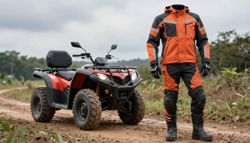 A complete quad outfit for off-road riding, featuring a rugged all-weather jacket, durable pants, protective gloves, and sturdy boots, displayed prominently in the foreground. The jacket should have reflective strips for visibility and a vibrant design that showcases its functionality. In the middle ground, a quad bike is parked on a muddy trail, emphasizing an adventurous outdoor setting. The background reveals a natural landscape with trees and a cloudy sky, suggesting an impending rain to highlight the need for protective gear. Soft, diffused lighting casts an inviting atmosphere, while an angled view creates depth. The mood is dynamic and adventurous, appealing to outdoor enthusiasts preparing for any season. A complete quad outfit for off-road riding, featuring a rugged all-weather jacket, durable pants, protective gloves, and sturdy boots, displayed prominently in the foreground. The jacket should have reflective strips for visibility and a vibrant design that showcases its functionality. In the middle ground, a quad bike is parked on a muddy trail, emphasizing an adventurous outdoor setting. The background reveals a natural landscape with trees and a cloudy sky, suggesting an impending rain to highlight the need for protective gear. Soft, diffused lighting casts an inviting atmosphere, while an angled view creates depth. The mood is dynamic and adventurous, appealing to outdoor enthusiasts preparing for any season.