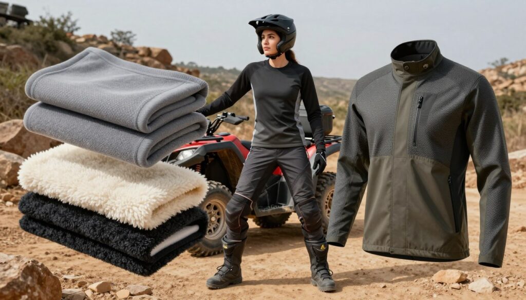 A concept illustration of layered clothing for off-road ATV riding, showcasing the three essential layers: a base thermal layer, insulating mid-layer, and a durable outer shell. In the foreground, display textured close-ups of each layer — soft, moisture-wicking fabric for the base, fluffy fleece for insulation, and a rugged, waterproof shell with zippers. In the middle ground, depict a model dressed in this layered outfit, standing confidently in a dynamic pose, with an open landscape behind them, implying an adventurous terrain. The background features a rugged outdoor setting with dirt paths and scattered rocks, highlighting the environment suited for ATV riding. The lighting is natural, emphasizing the textures of the materials, while the overall mood is energetic and ready for adventure. A concept illustration of layered clothing for off-road ATV riding, showcasing the three essential layers: a base thermal layer, insulating mid-layer, and a durable outer shell. In the foreground, display textured close-ups of each layer — soft, moisture-wicking fabric for the base, fluffy fleece for insulation, and a rugged, waterproof shell with zippers. In the middle ground, depict a model dressed in this layered outfit, standing confidently in a dynamic pose, with an open landscape behind them, implying an adventurous terrain. The background features a rugged outdoor setting with dirt paths and scattered rocks, highlighting the environment suited for ATV riding. The lighting is natural, emphasizing the textures of the materials, while the overall mood is energetic and ready for adventure.