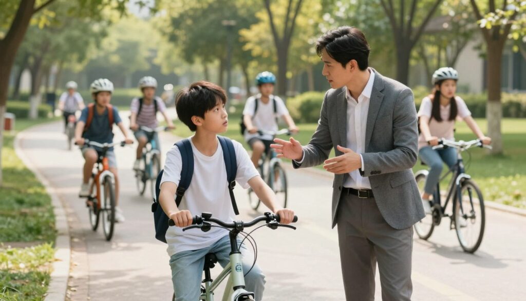A concerned parent talking to their teenage child in a suburban park, highlighting the importance of having a cycling license. The foreground features the parent, dressed in smart casual attire, gesturing toward a bicycle while the child, dressed in comfortable casual wear, looks thoughtfully at the bike. The middle ground shows a peaceful park setting with trees and a pathway, emphasizing a warm, sunny day. In the background, a group of cyclists, including teenagers, ride without any visible licenses, symbolizing the absence of the cycling card. Soft natural lighting bathes the scene, creating an approachable and informative atmosphere. The camera angle is slightly elevated, giving a comprehensive view of the interaction while maintaining focus on the two individuals in the forefront.