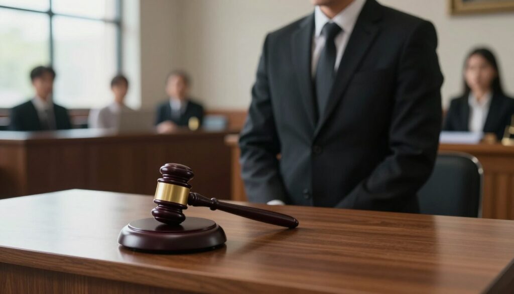 A courtroom scene focused on a judge's gavel resting on a wooden desk in the foreground, symbolizing a legal decision on alcohol-related driving offenses. In the middle ground, a solemn, professional-looking individual wearing business attire stands nervously, their expression reflecting concern about regaining their driving privileges. In the background, blurred silhouettes of court spectators and a large window letting in soft, natural light, creating a serious yet hopeful atmosphere. The color palette consists of warm wood tones and subdued lighting, emphasizing the gravity of the situation while hinting at potential resolution through legal procedures. The perspective is slightly angled to enhance depth, highlighting the importance of the judicial process in addressing alcohol-related driving issues. A courtroom scene focused on a judge's gavel resting on a wooden desk in the foreground, symbolizing a legal decision on alcohol-related driving offenses. In the middle ground, a solemn, professional-looking individual wearing business attire stands nervously, their expression reflecting concern about regaining their driving privileges. In the background, blurred silhouettes of court spectators and a large window letting in soft, natural light, creating a serious yet hopeful atmosphere. The color palette consists of warm wood tones and subdued lighting, emphasizing the gravity of the situation while hinting at potential resolution through legal procedures. The perspective is slightly angled to enhance depth, highlighting the importance of the judicial process in addressing alcohol-related driving issues.