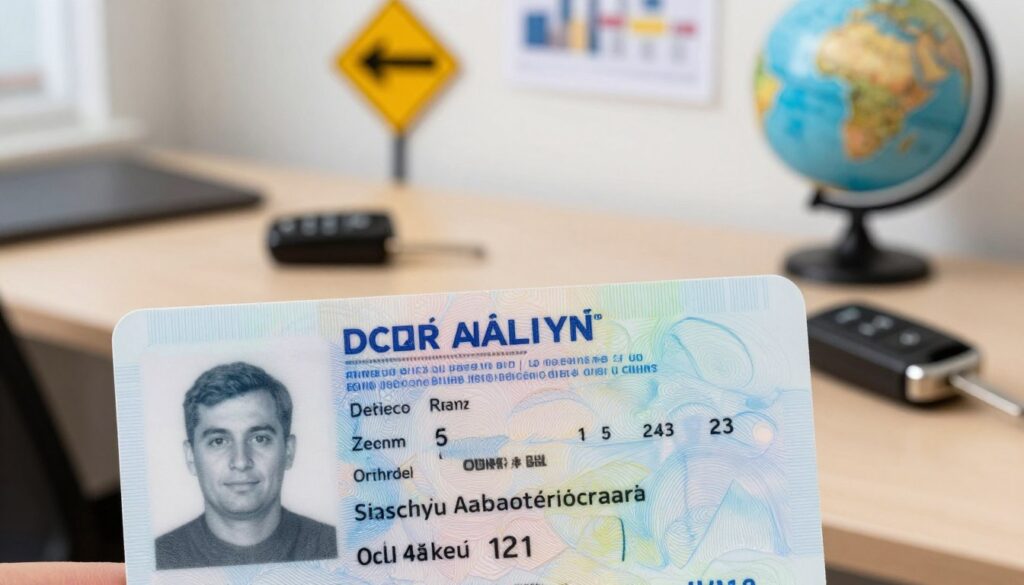 A detailed Czech driver's license displayed prominently in the foreground, showcasing its unique features such as a holographic overlay, intricate patterns, and the depiction of the national emblem. The middle ground features a well-organized desk with items related to driving, like a car key and a small globe, adding context. In the background, soft focus elements like a traffic sign and a cityscape hint at the driving culture. Natural lighting illuminates the scene, creating a professional atmosphere while highlighting the license's details. The overall mood is informative and educational, ideal for illustrating the contents of a driver's license without any text or distractions.