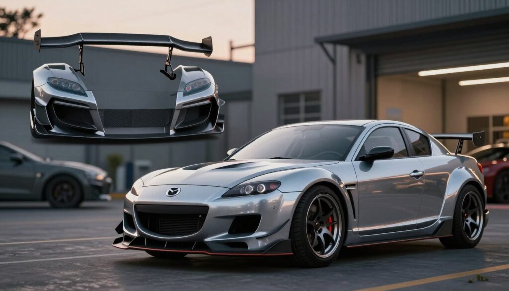 A detailed and artistic representation of a Mazda RX-8 showcasing various body kits. In the foreground, focus on the sleek contours of the RX-8, highlighting its custom body kit with bold lines and an aggressive stance. The middle-ground features components of the body kit, such as spoilers and side skirts, displayed artistically. The background includes a softly blurred urban automotive workshop, with ambient lighting casting a gentle glow to enhance the polished car's surface. Use a low angle to emphasize the car’s dynamic shape, and set the scene in the early evening to create a warm, inviting atmosphere. Ensure the overall mood is professional yet exciting, appealing to car enthusiasts and prospective buyers.