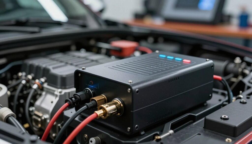 A detailed and close-up view of a power box (tuning box) used for chip tuning in vehicles, displayed prominently in the foreground. The tuning box should feature sleek, high-tech design elements with visible connectors and LED indicators. Surrounding the tuning box, mechanical components like car engine parts or wiring schematics can be subtly included in the middle ground, hinting at the concept of chip tuning. In the background, a blurred automotive workshop setting with advanced tools and equipment can be glimpsed, adding context. Soft, diffused lighting creates a professional atmosphere, highlighting the tuning box’s features. The camera angle is slightly angled from above, providing a dynamic perspective. The overall mood is informative and technical, suitable for an article on vehicle tuning. A detailed and close-up view of a power box (tuning box) used for chip tuning in vehicles, displayed prominently in the foreground. The tuning box should feature sleek, high-tech design elements with visible connectors and LED indicators. Surrounding the tuning box, mechanical components like car engine parts or wiring schematics can be subtly included in the middle ground, hinting at the concept of chip tuning. In the background, a blurred automotive workshop setting with advanced tools and equipment can be glimpsed, adding context. Soft, diffused lighting creates a professional atmosphere, highlighting the tuning box’s features. The camera angle is slightly angled from above, providing a dynamic perspective. The overall mood is informative and technical, suitable for an article on vehicle tuning.