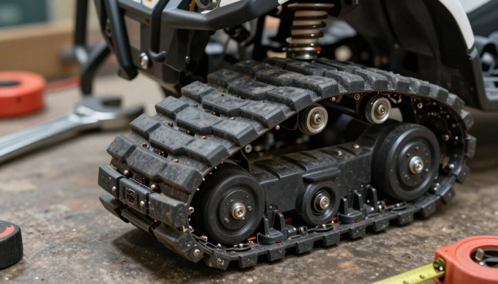 A detailed and close-up view of quad track materials, showcasing a variety of solid components essential for building a durable caterpillar track. In the foreground, focus on a rugged, textured rubber track with metal links and strong fasteners, emphasizing their robustness. The middle ground includes tools scattered around, like a wrench and measuring tape, hinting at the assembly process. In the background, a workshop setting with dim lighting enhances the industrial atmosphere, with shadows adding depth. The image should convey a sense of reliability and strength, demonstrating the crucial elements needed to avoid failures in quad modifications. The composition should be sharp and clear, utilizing a macro lens effect to highlight the intricate details of the materials. A detailed and close-up view of quad track materials, showcasing a variety of solid components essential for building a durable caterpillar track. In the foreground, focus on a rugged, textured rubber track with metal links and strong fasteners, emphasizing their robustness. The middle ground includes tools scattered around, like a wrench and measuring tape, hinting at the assembly process. In the background, a workshop setting with dim lighting enhances the industrial atmosphere, with shadows adding depth. The image should convey a sense of reliability and strength, demonstrating the crucial elements needed to avoid failures in quad modifications. The composition should be sharp and clear, utilizing a macro lens effect to highlight the intricate details of the materials.