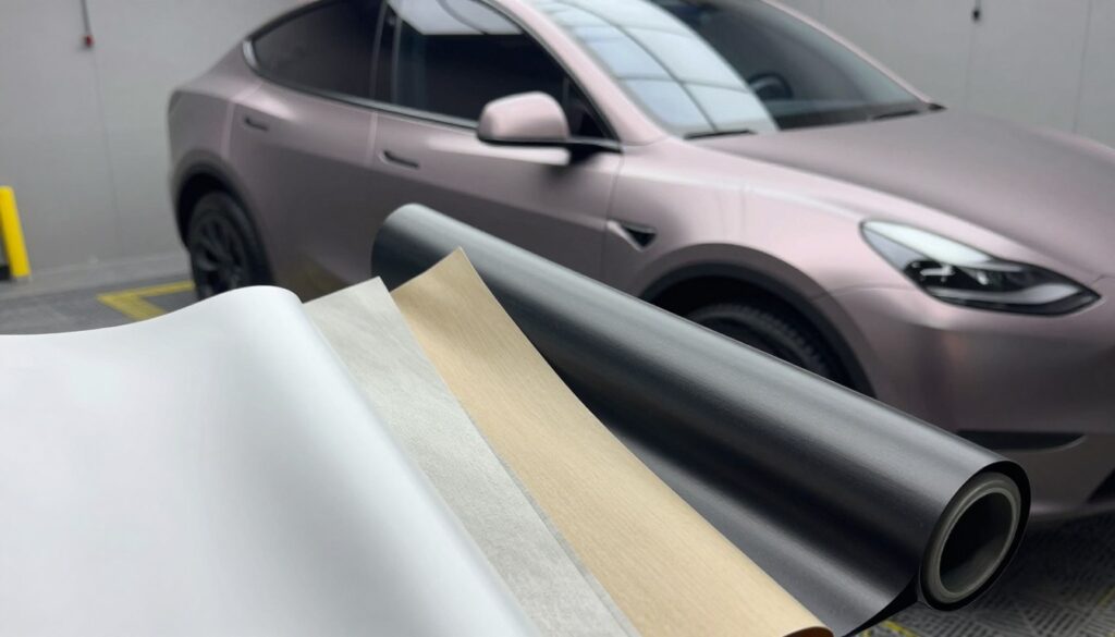 A detailed and informative composition showcasing three types of vehicle wrapping films: monomeric, polymeric, and cast. In the foreground, display swatches of each film type, highlighting their textures and finishes: the smooth surface of monomeric, the flexible nature of polymeric, and the high gloss of cast film. The middle ground should feature a partially wrapped car, illustrating the application of the films in real-world use, with subtle reflections and a sleek design. In the background, use a blurred workshop scene with tools and equipment to suggest a professional environment. Soft, natural lighting should create a welcoming atmosphere, while a slight low-angle perspective emphasizes the importance and quality of the materials. Aim for a clear focus on the films, enhancing their colors and details. A detailed and informative composition showcasing three types of vehicle wrapping films: monomeric, polymeric, and cast. In the foreground, display swatches of each film type, highlighting their textures and finishes: the smooth surface of monomeric, the flexible nature of polymeric, and the high gloss of cast film. The middle ground should feature a partially wrapped car, illustrating the application of the films in real-world use, with subtle reflections and a sleek design. In the background, use a blurred workshop scene with tools and equipment to suggest a professional environment. Soft, natural lighting should create a welcoming atmosphere, while a slight low-angle perspective emphasizes the importance and quality of the materials. Aim for a clear focus on the films, enhancing their colors and details.