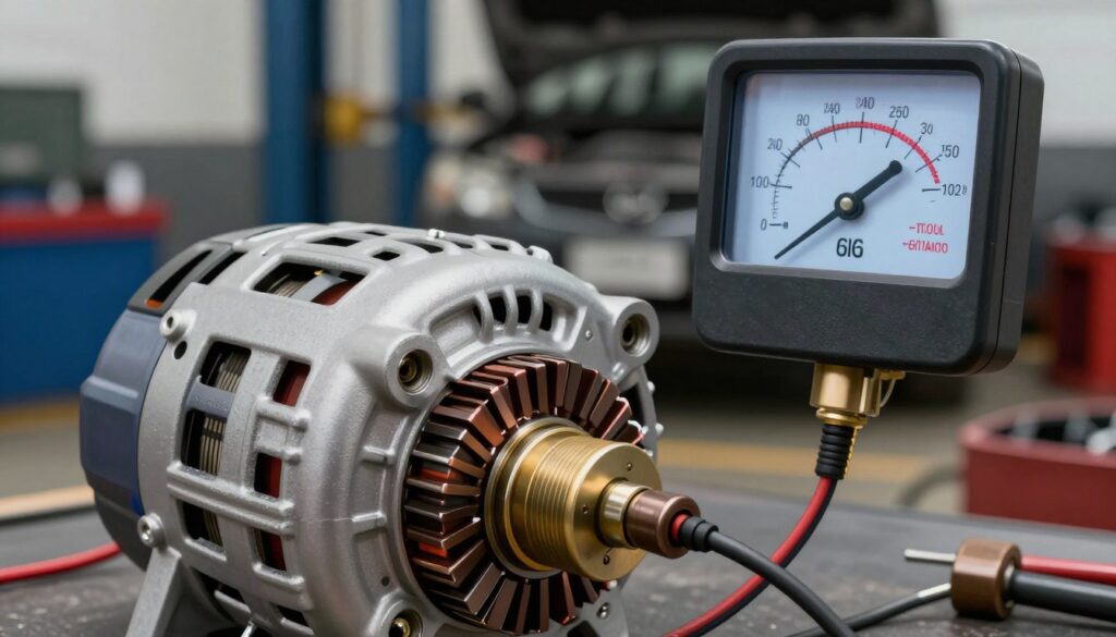 A detailed and informative illustration showcasing the concept of alternator charging voltage. In the foreground, a close-up of a car's alternator with visible components such as the rotor and stator, emphasizing the voltage regulator and wiring. The middle layer features a voltmeter displaying the charging voltage, with values highlighted to indicate proper measurements. In the background, a subtly blurred image of a garage or workshop setting with tools scattered, hinting at automotive repair. The lighting is bright and professional, simulating a well-lit work environment, with a focus on clarity and precision. The overall mood is technical and educational, inviting viewers to explore concepts related to alternator charging voltage. A detailed and informative illustration showcasing the concept of alternator charging voltage. In the foreground, a close-up of a car's alternator with visible components such as the rotor and stator, emphasizing the voltage regulator and wiring. The middle layer features a voltmeter displaying the charging voltage, with values highlighted to indicate proper measurements. In the background, a subtly blurred image of a garage or workshop setting with tools scattered, hinting at automotive repair. The lighting is bright and professional, simulating a well-lit work environment, with a focus on clarity and precision. The overall mood is technical and educational, inviting viewers to explore concepts related to alternator charging voltage.