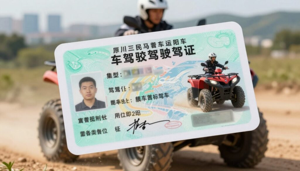 A detailed and professional driving license for a quad bike, featuring a realistic design with clear identification elements. In the foreground, the license is prominently displayed, showcasing important details such as the category for quad bike use, visual icons, and signature. In the middle ground, a blurred image of a quad bike in action, emphasizing its capability for both daily commuting and off-road adventure. The background presents a scenic landscape, combining both urban elements like a distant skyline and natural terrain like rolling hills. The lighting is bright and inviting, suggesting a sunny day, while the angle focuses on the license, giving it a sense of importance. The overall mood is informative and engaging, suitable for a professional article on driving regulations.