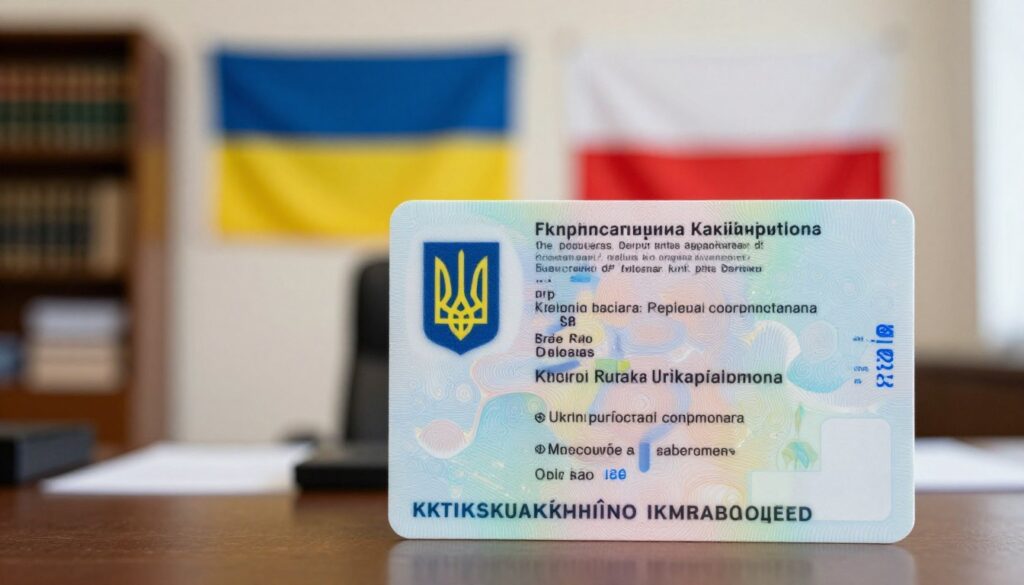 A detailed and professional representation of a Ukrainian driver's license, positioned prominently in the foreground. The license should be displayed clearly, showcasing its unique elements such as the emblem, holographic features, and official details. In the middle ground, include a blurred view of a law office interior, with shelves holding legal books and documents, conveying a sense of authority and professionalism. The background features a subtle outline of the Ukrainian flag and Polish flag merging together to symbolize recognition and exchange. Soft, natural lighting illuminates the scene, creating a serious yet approachable atmosphere. The image is captured with a slight focus on the license, emphasizing its importance in the context of legal acknowledgment. A detailed and professional representation of a Ukrainian driver's license, positioned prominently in the foreground. The license should be displayed clearly, showcasing its unique elements such as the emblem, holographic features, and official details. In the middle ground, include a blurred view of a law office interior, with shelves holding legal books and documents, conveying a sense of authority and professionalism. The background features a subtle outline of the Ukrainian flag and Polish flag merging together to symbolize recognition and exchange. Soft, natural lighting illuminates the scene, creating a serious yet approachable atmosphere. The image is captured with a slight focus on the license, emphasizing its importance in the context of legal acknowledgment.