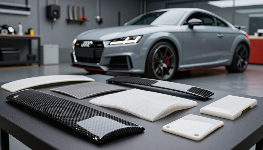 A detailed and realistic image showcasing various Audi TT body kit materials laid out on a sleek, dark surface, illuminated by soft, diffused lighting. In the foreground, a close-up of high-quality carbon fiber, fiberglass, and ABS plastic samples displays the texture and finish of each material, emphasizing their unique characteristics. In the middle ground, a well-crafted Audi TT fitted with an appealing body kit demonstrates how these materials enhance the vehicle's aesthetics without requiring modifications. The background features a blurred automotive workshop, creating an atmosphere of professionalism and craftsmanship, with tools and equipment faintly visible. The scene captures a sense of innovation and quality, ideal for visually representing the section on body kit materials and their practical differences in usage. A detailed and realistic image showcasing various Audi TT body kit materials laid out on a sleek, dark surface, illuminated by soft, diffused lighting. In the foreground, a close-up of high-quality carbon fiber, fiberglass, and ABS plastic samples displays the texture and finish of each material, emphasizing their unique characteristics. In the middle ground, a well-crafted Audi TT fitted with an appealing body kit demonstrates how these materials enhance the vehicle's aesthetics without requiring modifications. The background features a blurred automotive workshop, creating an atmosphere of professionalism and craftsmanship, with tools and equipment faintly visible. The scene captures a sense of innovation and quality, ideal for visually representing the section on body kit materials and their practical differences in usage.