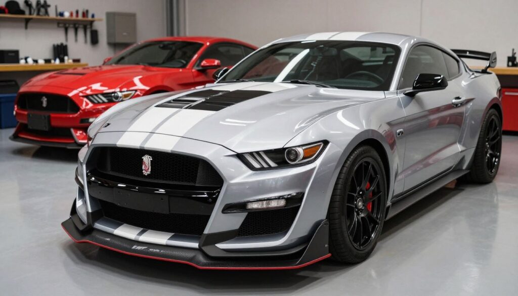 A detailed and realistic portrayal of a complete GT500 1:1 body kit for a Ford Mustang (2015-2017). In the foreground, showcase the body kit components artfully arranged, including the front bumper, rear spoiler, side skirts, and hood. Emphasize the sleek, aggressive lines and modern design of the components, featuring a glossy finish that reflects light beautifully. In the middle ground, display a Ford Mustang in a showroom setting, painted in a striking color, making the body kit additions apparent and enhancing its sporty character. In the background, include a blurred workshop with tools and equipment, hinting at customization and installation. Use natural lighting to create a dynamic atmosphere, focusing on angles that accentuate the contours and features of the kit. Ensure the scene conveys a sense of excitement and innovation, suitable for automotive enthusiasts. A detailed and realistic portrayal of a complete GT500 1:1 body kit for a Ford Mustang (2015-2017). In the foreground, showcase the body kit components artfully arranged, including the front bumper, rear spoiler, side skirts, and hood. Emphasize the sleek, aggressive lines and modern design of the components, featuring a glossy finish that reflects light beautifully. In the middle ground, display a Ford Mustang in a showroom setting, painted in a striking color, making the body kit additions apparent and enhancing its sporty character. In the background, include a blurred workshop with tools and equipment, hinting at customization and installation. Use natural lighting to create a dynamic atmosphere, focusing on angles that accentuate the contours and features of the kit. Ensure the scene conveys a sense of excitement and innovation, suitable for automotive enthusiasts.