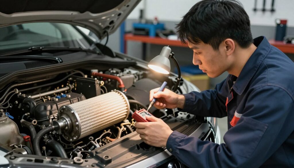 A detailed and technical illustration of a mechanic inspecting a diesel particulate filter (DPF) in a car engine. In the foreground, a focused mechanic, dressed in professional work attire, is examining the DPF using diagnostic tools. The mechanic is concentrating, with a thoughtful expression, illuminated by a small work lamp casting a warm glow onto the engine components. In the middle ground, the vehicle's engine bay is visible, showcasing intricate machinery and the DPF itself with visible soot and grime accumulation. The background features a softly blurred garage environment, with tools and equipment organized on shelves, creating a technical yet inviting atmosphere. The lighting emphasizes the clarity of the DPF and the mechanic’s focused expression, hinting at the analysis being conducted. A detailed and technical illustration of a mechanic inspecting a diesel particulate filter (DPF) in a car engine. In the foreground, a focused mechanic, dressed in professional work attire, is examining the DPF using diagnostic tools. The mechanic is concentrating, with a thoughtful expression, illuminated by a small work lamp casting a warm glow onto the engine components. In the middle ground, the vehicle's engine bay is visible, showcasing intricate machinery and the DPF itself with visible soot and grime accumulation. The background features a softly blurred garage environment, with tools and equipment organized on shelves, creating a technical yet inviting atmosphere. The lighting emphasizes the clarity of the DPF and the mechanic’s focused expression, hinting at the analysis being conducted.