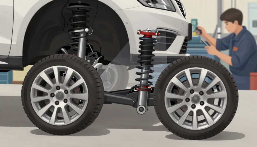 A detailed and technical illustration representing "wheel convergence" in the context of suspension geometry. In the foreground, showcase a close-up of a car's front wheels, clearly displaying their alignment relative to each other with focus on the angle of the wheels. In the middle, include a transparent overlay of a car's suspension system, highlighting the components that influence wheel convergence, such as tie rods and control arms. In the background, depict a workshop setting with a mechanic examining the suspension setup, dressed in professional attire. Use soft, natural lighting to create an informative yet engaging atmosphere. Capture this from a slightly elevated angle to provide a comprehensive view, emphasizing clarity and precision in the technical details. A detailed and technical illustration representing "wheel convergence" in the context of suspension geometry. In the foreground, showcase a close-up of a car's front wheels, clearly displaying their alignment relative to each other with focus on the angle of the wheels. In the middle, include a transparent overlay of a car's suspension system, highlighting the components that influence wheel convergence, such as tie rods and control arms. In the background, depict a workshop setting with a mechanic examining the suspension setup, dressed in professional attire. Use soft, natural lighting to create an informative yet engaging atmosphere. Capture this from a slightly elevated angle to provide a comprehensive view, emphasizing clarity and precision in the technical details.