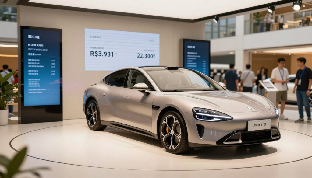 A detailed and visually appealing car advertisement in a well-lit, organized environment. In the foreground, a sleek, modern car is showcased prominently on a clean, polished platform with ground lighting accentuating its curves and features, highlighting its excellent condition. In the middle, there are digital screens displaying key selling points, such as mileage, price, and features, arranged attractively around the vehicle. The background features a blurred street scene, conveying a sense of a bustling marketplace, with subtle hints of interested buyers in modest casual clothing observing. The overall atmosphere is inviting, professional, and engaging, designed to attract serious inquiries and filter out casual contacts. Utilize a warm color palette, focusing on soft natural light for a welcoming effect, captured from a low angle to emphasize the car's appeal.
