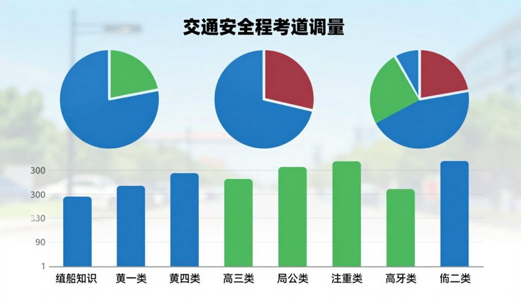 A detailed and visually engaging infographic illustrating the distribution of traffic safety exam questions by weight, featuring a bar graph format. In the foreground, prominent colored bars represent different categories of questions, such as general knowledge and specialized topics. The middle section showcases pie charts that complement the bar graph, providing additional visual data breakdown. The background is subtly blurred to emphasize the data, with a light gradient to suggest clarity and focus. Soft diffused lighting creates a professional and informative atmosphere, with an emphasis on blue and green tones for a trustworthy feel. The overall composition should be clean and modern, suitable for an educational context.