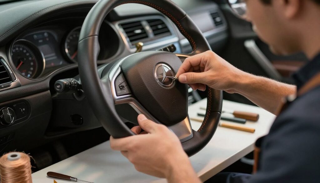 A detailed and visually engaging scene illustrating the process of leather steering wheel wrapping. In the foreground, a skilled craftsman, dressed in professional work attire, meticulously applies leather to a car steering wheel using precise stitching techniques. The middle ground features tools such as a needle, thread, and adhesive materials laid out on a clean workbench, showcasing an organized workspace. The background includes a partially disassembled car interior, emphasizing the context of the steering wheel being worked on. Soft, warm lighting adds a focused atmosphere, with a shallow depth of field drawing attention to the craftsman's hands and the leather. The overall mood conveys professionalism and craftsmanship, ideal for showcasing the intricate process involved in steering wheel wrapping.