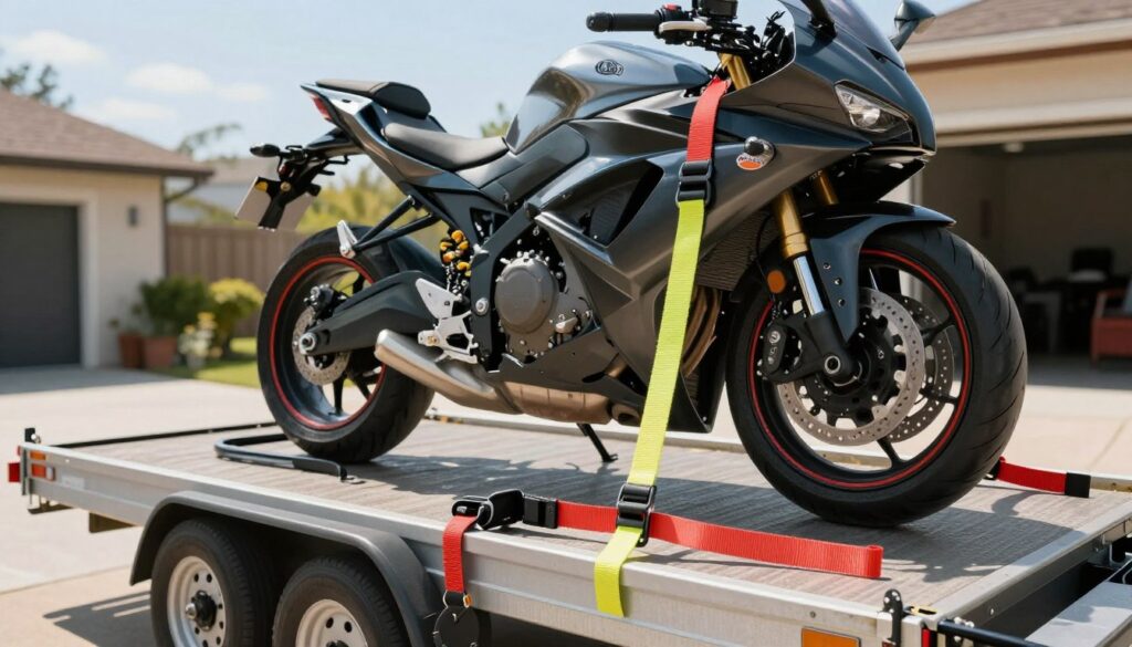 A detailed and well-lit scene of a motorcycle securely mounted on a trailer, demonstrating the use of high-quality transport straps. In the foreground, showcase several robust and colorful tie-down straps, their hooks clearly visible. The motorcycle, a sleek and shiny sport bike, is positioned on the trailer's bed, with the straps properly securing it from multiple angles. The middle ground features the trailer itself, robust and sturdy, parked in a driveway or a garage. In the background, a soft-focus view of a sunny day with a clear blue sky adds to the atmosphere of readiness for travel. The lighting is bright, evoking a sense of safety and preparedness, with vivid colors that highlight the motorcycle and straps without any text or distractions. A detailed and well-lit scene of a motorcycle securely mounted on a trailer, demonstrating the use of high-quality transport straps. In the foreground, showcase several robust and colorful tie-down straps, their hooks clearly visible. The motorcycle, a sleek and shiny sport bike, is positioned on the trailer's bed, with the straps properly securing it from multiple angles. The middle ground features the trailer itself, robust and sturdy, parked in a driveway or a garage. In the background, a soft-focus view of a sunny day with a clear blue sky adds to the atmosphere of readiness for travel. The lighting is bright, evoking a sense of safety and preparedness, with vivid colors that highlight the motorcycle and straps without any text or distractions.