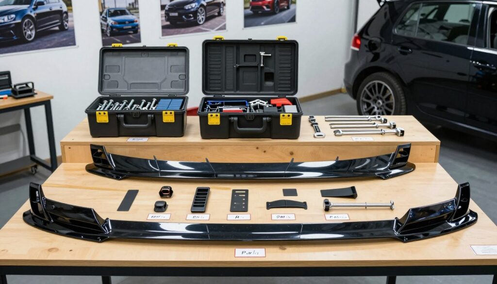 A detailed assembly of a Golf 6 body kit displayed on a polished workshop table. In the foreground, focus on individual elements such as a front bumper, side skirts, and rear diffuser, arranged neatly with labels showing their specific parts. The middle layer features an open toolbox with essential tools like screws, wrenches, and clips for installation, highlighting a mechanic's workspace ambiance. The background consists of a well-lit garage with car posters and a partially visible Golf 6 vehicle, subtly implying the kit's application. The lighting is bright and even, enhancing the details and textures of the body kit components. The overall mood is professional and informative, perfect for illustrating automotive modification insights. A detailed assembly of a Golf 6 body kit displayed on a polished workshop table. In the foreground, focus on individual elements such as a front bumper, side skirts, and rear diffuser, arranged neatly with labels showing their specific parts. The middle layer features an open toolbox with essential tools like screws, wrenches, and clips for installation, highlighting a mechanic's workspace ambiance. The background consists of a well-lit garage with car posters and a partially visible Golf 6 vehicle, subtly implying the kit's application. The lighting is bright and even, enhancing the details and textures of the body kit components. The overall mood is professional and informative, perfect for illustrating automotive modification insights.