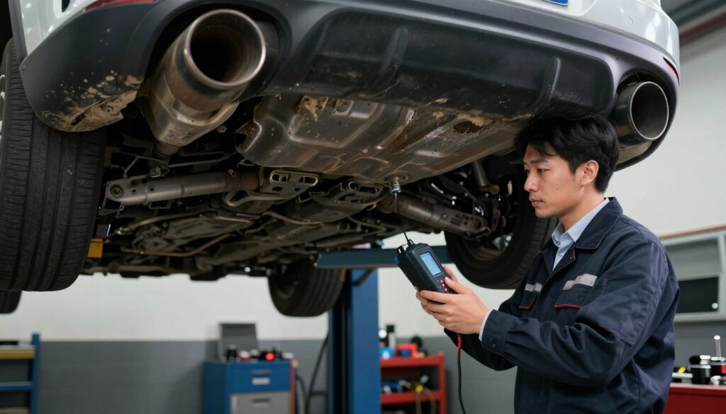 A detailed automotive garage scene focused on a car undergoing a DPF regeneration process. In the foreground, a technician in professional business attire is inspecting the car's exhaust system, holding a diagnostic tool. The vehicle is positioned on a lift, with visible soot and grime around the exhaust area, symbolizing the DPF issue. In the middle ground, various automotive tools and equipment are neatly organized, emphasizing a professional environment. The background features soft, diffused lighting illuminating the garage, enhancing the mood of diligence and focus. The angle is slightly low, capturing both the technician's concentration and the intricate details of the car’s undercarriage. The atmosphere conveys a sense of urgency and technical precision, highlighting the complexities involved in the DPF regeneration process. A detailed automotive garage scene focused on a car undergoing a DPF regeneration process. In the foreground, a technician in professional business attire is inspecting the car's exhaust system, holding a diagnostic tool. The vehicle is positioned on a lift, with visible soot and grime around the exhaust area, symbolizing the DPF issue. In the middle ground, various automotive tools and equipment are neatly organized, emphasizing a professional environment. The background features soft, diffused lighting illuminating the garage, enhancing the mood of diligence and focus. The angle is slightly low, capturing both the technician's concentration and the intricate details of the car’s undercarriage. The atmosphere conveys a sense of urgency and technical precision, highlighting the complexities involved in the DPF regeneration process.