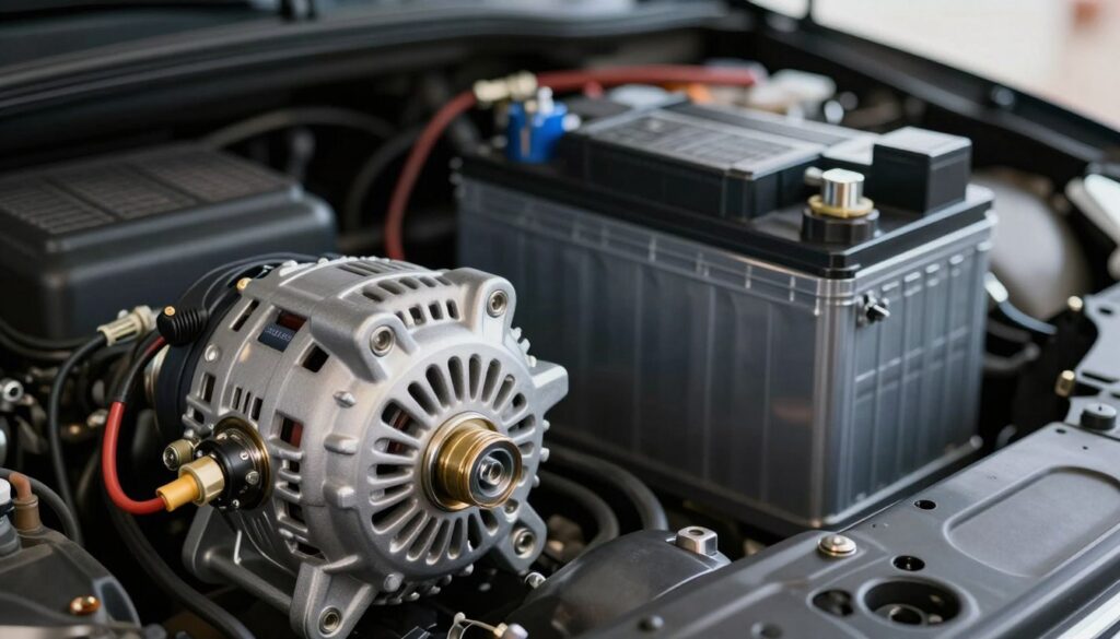 A detailed automotive scene focusing on an alternator and battery, showcasing their interaction and functionality within a car's engine compartment. In the foreground, display a close-up of a shiny, new alternator with intricate details, wires, and connectors, lit by soft, even lighting to highlight its metallic finish. In the middle ground, feature a robust car battery, showcasing terminals and its casing with adjustable shadows enhancing its contours. The background should depict a blurred engine compartment with other automotive components, creating depth and emphasizing the alternator and battery as the focal points. The atmosphere should feel technical and informative, with a sense of clarity to evoke a diagnostic context in a well-maintained garage environment. A detailed automotive scene focusing on an alternator and battery, showcasing their interaction and functionality within a car's engine compartment. In the foreground, display a close-up of a shiny, new alternator with intricate details, wires, and connectors, lit by soft, even lighting to highlight its metallic finish. In the middle ground, feature a robust car battery, showcasing terminals and its casing with adjustable shadows enhancing its contours. The background should depict a blurred engine compartment with other automotive components, creating depth and emphasizing the alternator and battery as the focal points. The atmosphere should feel technical and informative, with a sense of clarity to evoke a diagnostic context in a well-maintained garage environment.