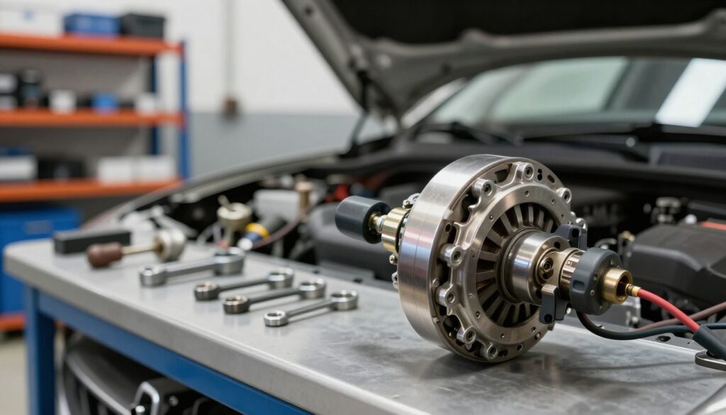 A detailed automotive scene showcasing a car's clutch sensor in a well-lit garage setting. In the foreground, a close-up view of the clutch sensor is displayed, highlighting its intricate wiring and metallic components, providing a sense of technical complexity. The middle ground features mechanics’ tools organized neatly on a workbench, with a partially opened car hood visible, giving context to the setting. The background shows shelves lined with automotive parts, subtly blurred to maintain focus on the sensor. Bright, natural lighting floods the space, enhancing the metallic sheen of the sensor, while capturing an atmosphere of professionalism and expertise. The image conveys a sense of clarity and precision, ideal for illustrating the section about locating and identifying the clutch sensor without extensive disassembly. A detailed automotive scene showcasing a car's clutch sensor in a well-lit garage setting. In the foreground, a close-up view of the clutch sensor is displayed, highlighting its intricate wiring and metallic components, providing a sense of technical complexity. The middle ground features mechanics’ tools organized neatly on a workbench, with a partially opened car hood visible, giving context to the setting. The background shows shelves lined with automotive parts, subtly blurred to maintain focus on the sensor. Bright, natural lighting floods the space, enhancing the metallic sheen of the sensor, while capturing an atmosphere of professionalism and expertise. The image conveys a sense of clarity and precision, ideal for illustrating the section about locating and identifying the clutch sensor without extensive disassembly.