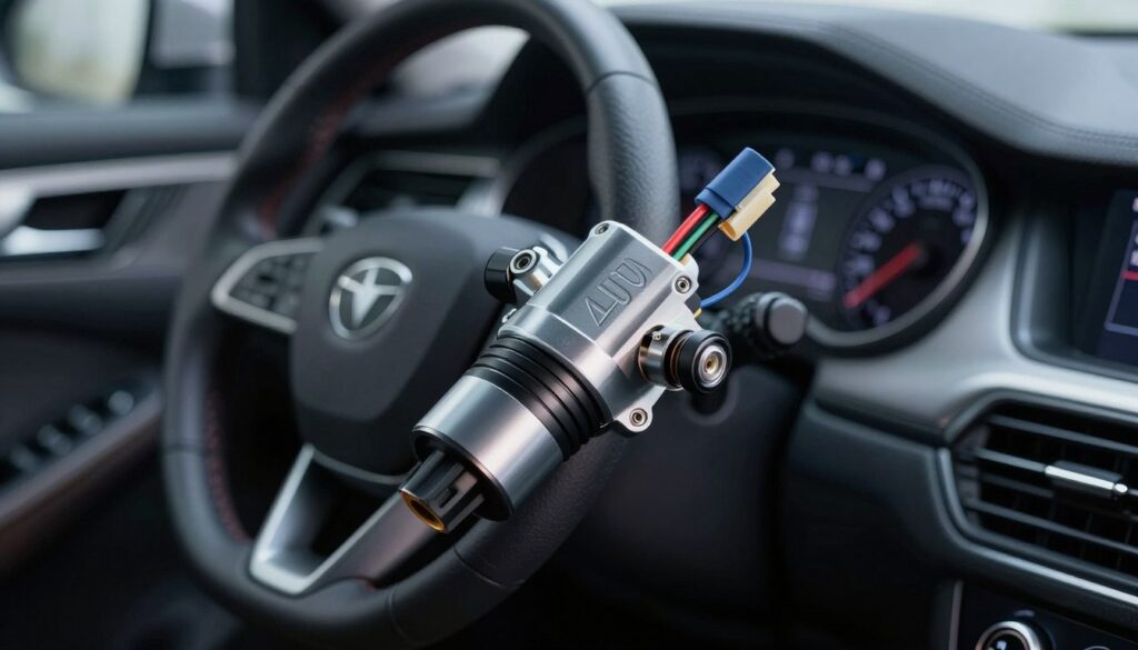 A detailed automotive steering angle sensor positioned prominently in the foreground, showcasing its intricate components such as wires, connectors, and rotating mechanisms. The background features a blurred view of a modern vehicle's dashboard, illuminated with soft, ambient lighting to create a technical atmosphere. A high angle perspective captures the sensor's functionality, emphasizing its importance in monitoring angle changes for vehicle safety. The image should have a cool color palette with hints of metallic tones, conveying a sense of precision and advanced technology. The overall mood is informative and professional, ideal for an automotive diagnostics context. A detailed automotive steering angle sensor positioned prominently in the foreground, showcasing its intricate components such as wires, connectors, and rotating mechanisms. The background features a blurred view of a modern vehicle's dashboard, illuminated with soft, ambient lighting to create a technical atmosphere. A high angle perspective captures the sensor's functionality, emphasizing its importance in monitoring angle changes for vehicle safety. The image should have a cool color palette with hints of metallic tones, conveying a sense of precision and advanced technology. The overall mood is informative and professional, ideal for an automotive diagnostics context.