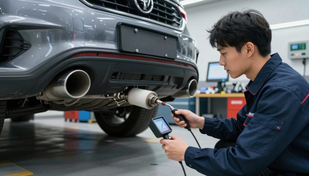 A detailed automotive technician in a professional uniform examines the exhaust system of a modern diesel car with a focus on the DPF (Diesel Particulate Filter). The foreground showcases the technician, using tools to monitor the filter's regeneration process with a digital gauge displaying temperatures and pressure levels. In the middle ground, the car is parked in a well-lit workshop equipped with automotive tools and diagnostic equipment, emphasizing a professional setting. The background reveals a clean and organized workspace, with soft overhead lighting creating a calm and focused atmosphere. The image conveys a sense of technical expertise and precision, highlighting the importance of understanding how long DPF regeneration takes while parked. A detailed automotive technician in a professional uniform examines the exhaust system of a modern diesel car with a focus on the DPF (Diesel Particulate Filter). The foreground showcases the technician, using tools to monitor the filter's regeneration process with a digital gauge displaying temperatures and pressure levels. In the middle ground, the car is parked in a well-lit workshop equipped with automotive tools and diagnostic equipment, emphasizing a professional setting. The background reveals a clean and organized workspace, with soft overhead lighting creating a calm and focused atmosphere. The image conveys a sense of technical expertise and precision, highlighting the importance of understanding how long DPF regeneration takes while parked.