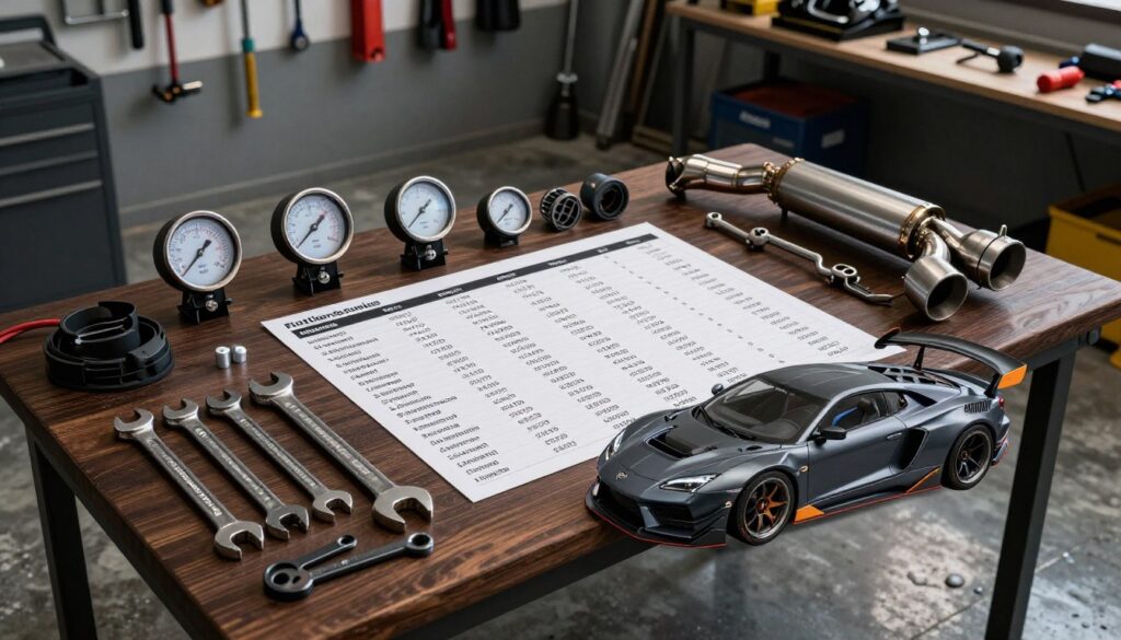 A detailed automotive tuning price list displayed artistically on a dark wooden table, surrounded by car modification tools such as wrenches, gauges, and parts like spoilers and exhausts. In the foreground, a sleek, modified sports car with an aggressive stance, showcasing unique paintwork and aftermarket wheels. In the middle, items are neatly organized, with price tags visible on each tuning modification. The background features a well-lit workshop setting with tools hanging on the walls and a polished concrete floor, creating an industrial vibe. Soft, dramatic lighting casts subtle shadows, adding depth and a sense of professionalism to the scene, evoking excitement about car tuning costs and customization options. A detailed automotive tuning price list displayed artistically on a dark wooden table, surrounded by car modification tools such as wrenches, gauges, and parts like spoilers and exhausts. In the foreground, a sleek, modified sports car with an aggressive stance, showcasing unique paintwork and aftermarket wheels. In the middle, items are neatly organized, with price tags visible on each tuning modification. The background features a well-lit workshop setting with tools hanging on the walls and a polished concrete floor, creating an industrial vibe. Soft, dramatic lighting casts subtle shadows, adding depth and a sense of professionalism to the scene, evoking excitement about car tuning costs and customization options.