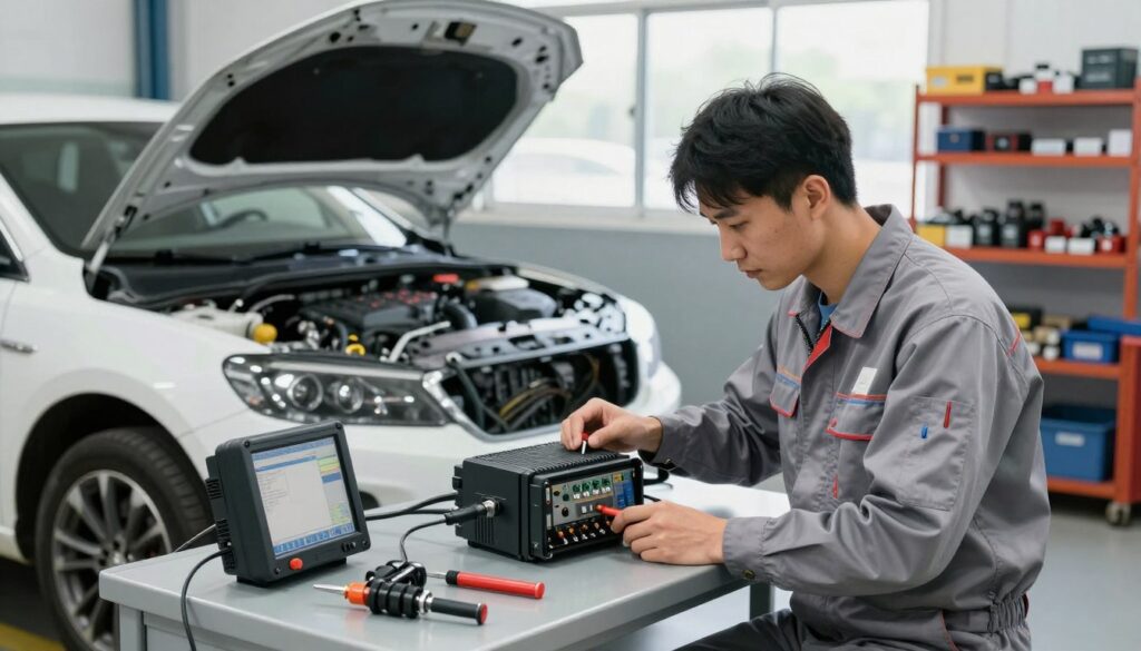 A detailed automotive workshop scene focused on engine chip tuning safety. In the foreground, a professional mechanic in a clean, modest outfit carefully inspects an engine control unit (ECU) on a workbench, with relevant tools and diagnostic equipment arranged neatly around. In the middle ground, a modern car is partially disassembled, showcasing its engine with visible electronic components and wiring. The backdrop features shelves filled with industry manuals and spare parts, illuminated by bright, natural light filtering through a large window, creating a safe and sterile atmosphere. The overall mood conveys professionalism, precision, and a commitment to safety in automotive tuning practices.