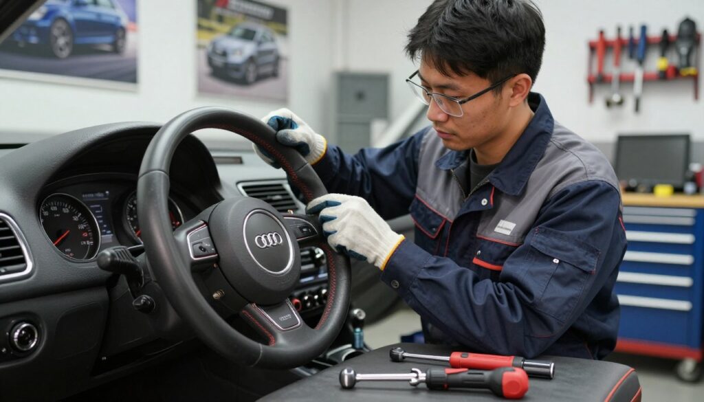 A detailed automotive workshop scene focusing on the airbag safety precautions when replacing a steering wheel. In the foreground, an Audi A3 8P steering wheel is shown with clearly labeled airbag components, tools like a torque wrench and a steering wheel puller are neatly arranged nearby, emphasizing the preparation process. In the middle, a mechanic in professional attire inspects the steering wheel, demonstrating careful handling of the airbag while wearing safety gloves and glasses. The background features a well-lit garage with automotive posters on the walls and organized tool racks. The atmosphere is focused and professional, with soft, diffused lighting highlighting the mechanics and tools, creating a sense of diligence and safety in automotive maintenance. A detailed automotive workshop scene focusing on the airbag safety precautions when replacing a steering wheel. In the foreground, an Audi A3 8P steering wheel is shown with clearly labeled airbag components, tools like a torque wrench and a steering wheel puller are neatly arranged nearby, emphasizing the preparation process. In the middle, a mechanic in professional attire inspects the steering wheel, demonstrating careful handling of the airbag while wearing safety gloves and glasses. The background features a well-lit garage with automotive posters on the walls and organized tool racks. The atmosphere is focused and professional, with soft, diffused lighting highlighting the mechanics and tools, creating a sense of diligence and safety in automotive maintenance.