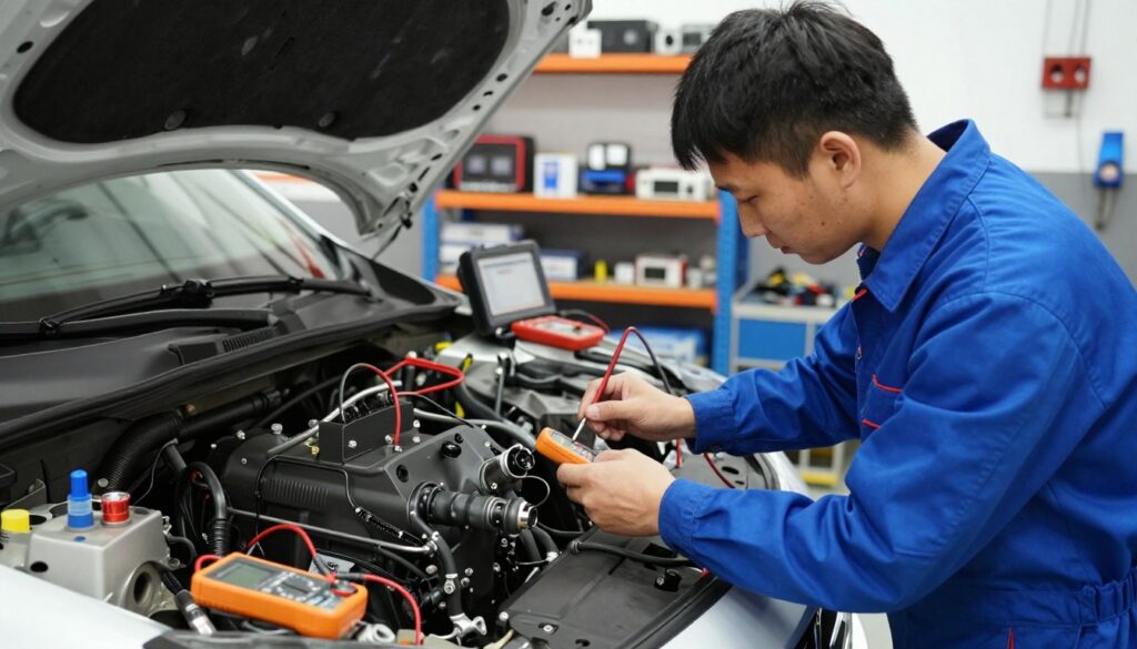A detailed automotive workshop scene illustrating the practical testing of a steering angle sensor (Czujnik kąta skrętu). In the foreground, a mechanic in a professional blue jumpsuit is using a multimeter and small tools to inspect the sensor on a car's steering assembly. The middle ground features an open hood with various automotive diagnostic tools laid out, including an OBD2 scanner. In the background, shelves filled with automotive parts and tools, bathed in bright, even lighting to emphasize clarity and focus on the task at hand. The atmosphere is technical and focused, conveying a sense of hands-on troubleshooting and practical diagnostics in a well-equipped garage environment. A detailed automotive workshop scene illustrating the practical testing of a steering angle sensor (Czujnik kąta skrętu). In the foreground, a mechanic in a professional blue jumpsuit is using a multimeter and small tools to inspect the sensor on a car's steering assembly. The middle ground features an open hood with various automotive diagnostic tools laid out, including an OBD2 scanner. In the background, shelves filled with automotive parts and tools, bathed in bright, even lighting to emphasize clarity and focus on the task at hand. The atmosphere is technical and focused, conveying a sense of hands-on troubleshooting and practical diagnostics in a well-equipped garage environment.