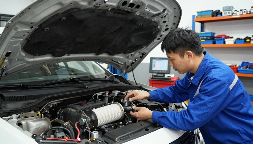 A detailed automotive workshop scene illustrating the process of DPF (Diesel Particulate Filter) regeneration. In the foreground, a skilled technician in professional work attire is inspecting an engine with a focus on the DPF, surrounded by tools and equipment for the task. The middle ground features a vehicle on a lift, with visible exhaust systems and diagnostic devices, emphasizing the technical aspect of DPF maintenance. The background showcases a well-organized workshop with shelves of spare parts and technical manuals, bathed in bright, clear lighting to create a professional and focused atmosphere. Capture the mood of diligence and expertise, highlighting the critical components needed for effective DPF regeneration in a realistic manner. A detailed automotive workshop scene illustrating the process of DPF (Diesel Particulate Filter) regeneration. In the foreground, a skilled technician in professional work attire is inspecting an engine with a focus on the DPF, surrounded by tools and equipment for the task. The middle ground features a vehicle on a lift, with visible exhaust systems and diagnostic devices, emphasizing the technical aspect of DPF maintenance. The background showcases a well-organized workshop with shelves of spare parts and technical manuals, bathed in bright, clear lighting to create a professional and focused atmosphere. Capture the mood of diligence and expertise, highlighting the critical components needed for effective DPF regeneration in a realistic manner.