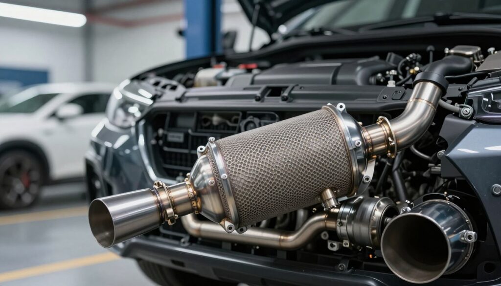 A detailed catalytic converter in a diesel exhaust system, showcasing its metallic and honeycomb structures. In the foreground, emphasize the intricate details of the catalytic converter with a focus on its surface texture and connections to the exhaust pipes. The middle ground features a modern diesel engine compartment, highlighting the converter’s importance in the emission control setup. The background displays a softly blurred automotive dealership or service garage, providing context without distracting from the main subject. Utilize expert lighting to accentuate the shiny metallic finish and create depth, using a slight downward angle for a dynamic perspective. The mood should be professional and informative, suitable for an educational article on vehicle emissions systems.