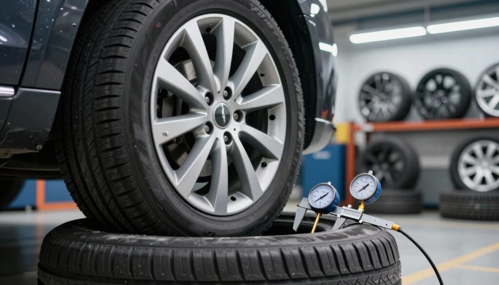 A detailed close-up image of a car wheel and tire assembly, focusing on common mistakes in matching tires to rims. The foreground features a tire with a visibly incorrect size, showcasing disconnect between the tire width and rim diameter. In the middle ground, include diagnostic tools such as a tire gauge and a caliper to emphasize the assessment process. The background captures a well-lit car workshop environment with bright overhead lighting, showcasing various tires and rims on display. This setting conveys a mood of expertise and precision in automotive care, highlighting the importance of proper tire selection for driving safety. The image should be clear and detailed, allowing viewers to identify the differences and implications of improper tire fitting without any visual distractions like text or watermarks.