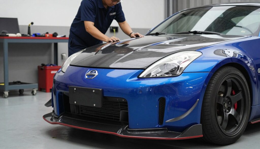 A detailed close-up of a Nissan 350Z with a sleek, modified body kit, showcasing the contours and aggressive lines that highlight its performance aesthetics. In the foreground, the car's front bumper with an aerodynamic design and stylish side skirts catches the light, reflecting a vibrant blue color. The middle ground features a mechanic wearing a professional outfit, inspecting the vehicle, emphasizing the importance of technical compliance and legality after modifications. In the background, a workshop setting with tools and vehicle inspection equipment sets the mood for automotive care and detailed scrutiny. Soft, natural lighting illuminating the scene creates a professional, informative atmosphere, emphasizing the theme of legality and technical review in automotive modifications. A detailed close-up of a Nissan 350Z with a sleek, modified body kit, showcasing the contours and aggressive lines that highlight its performance aesthetics. In the foreground, the car's front bumper with an aerodynamic design and stylish side skirts catches the light, reflecting a vibrant blue color. The middle ground features a mechanic wearing a professional outfit, inspecting the vehicle, emphasizing the importance of technical compliance and legality after modifications. In the background, a workshop setting with tools and vehicle inspection equipment sets the mood for automotive care and detailed scrutiny. Soft, natural lighting illuminating the scene creates a professional, informative atmosphere, emphasizing the theme of legality and technical review in automotive modifications.