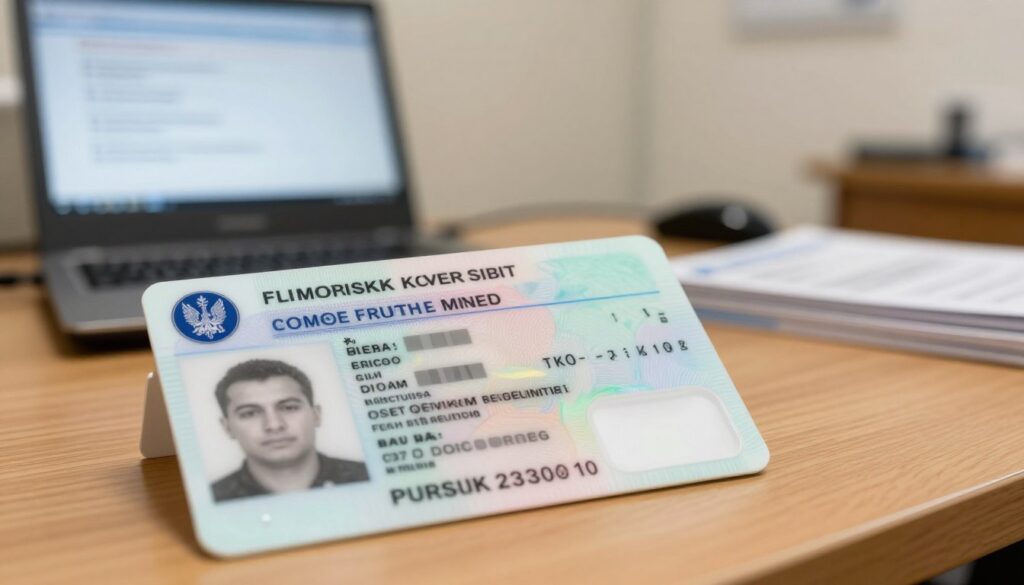 A detailed close-up of a Polish driver's license, featuring the national emblem and essential information like the driver's photo and name, set on a wooden desk. In the background, softly blurred images of an examination room can be seen, including a computer with driving theory test questions displayed on the screen and a stack of study guides. The lighting is warm and inviting, creating a professional atmosphere. The scene is captured from a slight overhead angle, emphasizing the focus on the license while providing context. This composition conveys a sense of seriousness and preparation, reflecting the importance of the theoretical driving exam and its specialized questions. Avoid any text, overlays, or watermarks. A detailed close-up of a Polish driver's license, featuring the national emblem and essential information like the driver's photo and name, set on a wooden desk. In the background, softly blurred images of an examination room can be seen, including a computer with driving theory test questions displayed on the screen and a stack of study guides. The lighting is warm and inviting, creating a professional atmosphere. The scene is captured from a slight overhead angle, emphasizing the focus on the license while providing context. This composition conveys a sense of seriousness and preparation, reflecting the importance of the theoretical driving exam and its specialized questions. Avoid any text, overlays, or watermarks.
