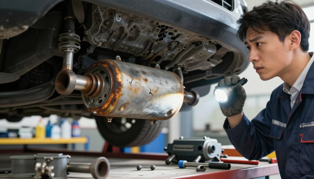 A detailed close-up of a car's catalytic converter, prominently displaying signs of failure, such as rust, cracks, and a burnt exterior. The foreground features a mechanic wearing professional business attire, inspecting the catalytic converter with a flashlight, showcasing their concerned expression. In the middle ground, various tools and car parts are scattered, highlighting a workshop setting. The background includes shelves filled with car maintenance supplies, enhancing the automotive atmosphere. The lighting is bright and natural, creating clarity to emphasize the damaged components, while soft shadows add depth. The mood conveys a sense of urgency and professionalism, suitable for a technical article on automotive repairs. A detailed close-up of a car's catalytic converter, prominently displaying signs of failure, such as rust, cracks, and a burnt exterior. The foreground features a mechanic wearing professional business attire, inspecting the catalytic converter with a flashlight, showcasing their concerned expression. In the middle ground, various tools and car parts are scattered, highlighting a workshop setting. The background includes shelves filled with car maintenance supplies, enhancing the automotive atmosphere. The lighting is bright and natural, creating clarity to emphasize the damaged components, while soft shadows add depth. The mood conveys a sense of urgency and professionalism, suitable for a technical article on automotive repairs.