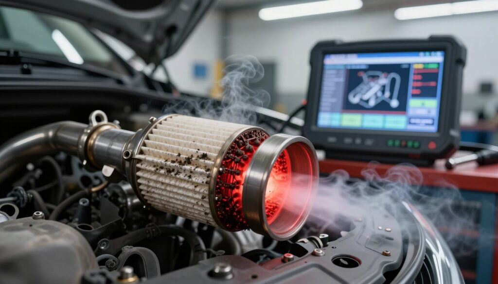 A detailed close-up of a car's diesel particulate filter (DPF) during the regeneration process, showcasing smoke and heat being expelled. In the foreground, focus on the DPF with visible particulate deposits and glowing red-hot sections, symbolizing the burning away of soot. The middle ground should feature tools such as a diagnostic scanner displaying data readings on engine performance and emissions, indicating the evaluation of DPF status. In the background, a workshop environment with well-organized automotive tools and soft overhead lighting creates a professional atmosphere. The overall mood should be informative and technical, embodying the essence of automotive maintenance and care in a modern garage setting, captured at a slight angle to emphasize action.