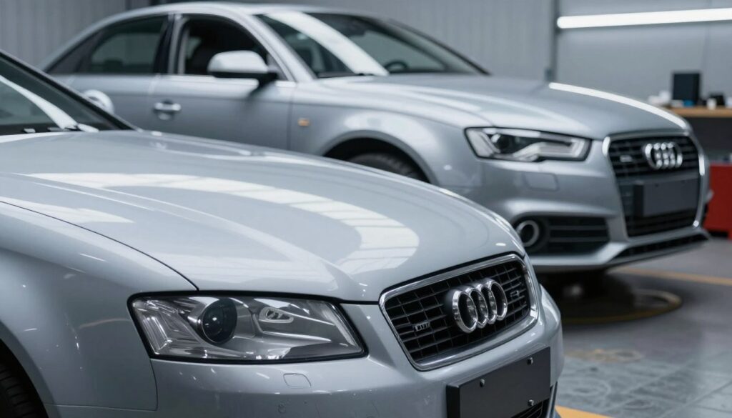 A detailed close-up of a fibreglass body kit component designed for an Audi B6 A4, showcasing its smooth texture and intricate curves. The foreground features a shimmering surface of the fibreglass, reflecting light beautifully to highlight its glossy finish. In the middle ground, a partially assembled Audi A4 is visible, emphasizing how the body kit fits onto the car's sleek lines. The background fades softly, with a garage setting to suggest a professional tuning environment, illuminated by bright, focused lighting to enhance the details. The mood is technical and modern, evoking a sense of precision and craftsmanship in automotive design, with a clean and polished aesthetic. A detailed close-up of a fibreglass body kit component designed for an Audi B6 A4, showcasing its smooth texture and intricate curves. The foreground features a shimmering surface of the fibreglass, reflecting light beautifully to highlight its glossy finish. In the middle ground, a partially assembled Audi A4 is visible, emphasizing how the body kit fits onto the car's sleek lines. The background fades softly, with a garage setting to suggest a professional tuning environment, illuminated by bright, focused lighting to enhance the details. The mood is technical and modern, evoking a sense of precision and craftsmanship in automotive design, with a clean and polished aesthetic.