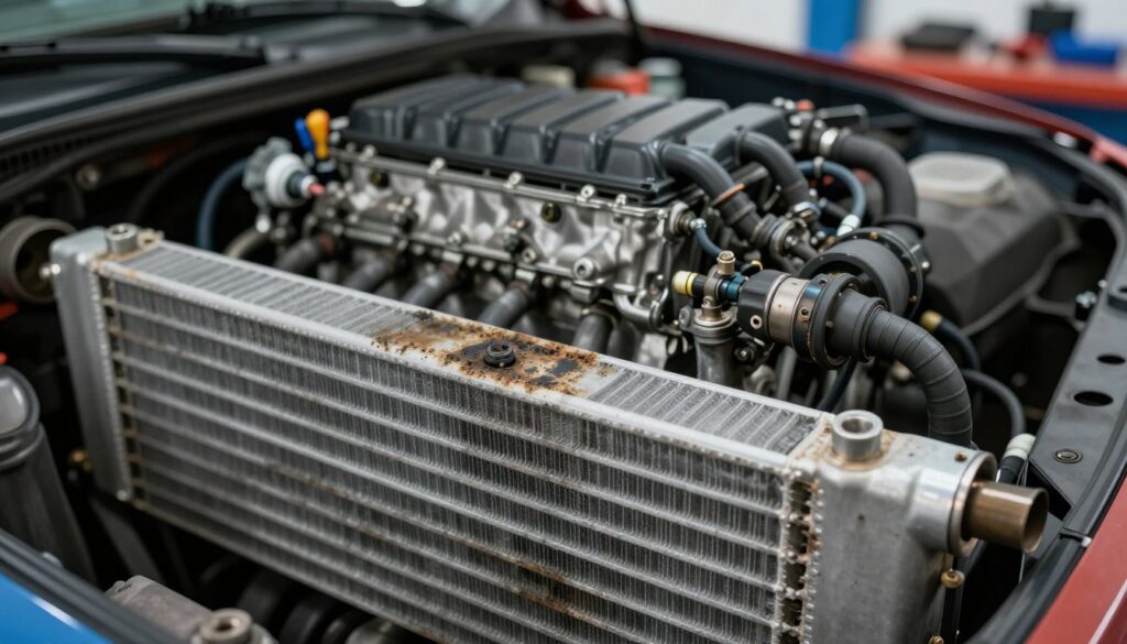 A detailed close-up of a malfunctioning EGR (Exhaust Gas Recirculation) cooler, showcasing signs of wear and potential issues. The foreground should highlight the cooler with worn components and visible corrosion, emphasizing dark metallic colors and grime. The middle ground includes a partially disassembled engine, revealing interconnected pipes and sensors related to the EGR system, with realistic textures and reflections. In the background, a softly blurred mechanic's workshop should be visible, with tools and automotive parts hinting at ongoing repair work. Use soft, diffused lighting to create an informative yet slightly serious atmosphere, hinting at the technical nature of the subject. The view should be shot from a slightly elevated angle to provide depth and context to the EGR cooler's condition. A detailed close-up of a malfunctioning EGR (Exhaust Gas Recirculation) cooler, showcasing signs of wear and potential issues. The foreground should highlight the cooler with worn components and visible corrosion, emphasizing dark metallic colors and grime. The middle ground includes a partially disassembled engine, revealing interconnected pipes and sensors related to the EGR system, with realistic textures and reflections. In the background, a softly blurred mechanic's workshop should be visible, with tools and automotive parts hinting at ongoing repair work. Use soft, diffused lighting to create an informative yet slightly serious atmosphere, hinting at the technical nature of the subject. The view should be shot from a slightly elevated angle to provide depth and context to the EGR cooler's condition.