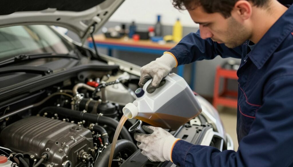 A detailed close-up of a professional mechanic in a workshop setting, wearing a navy blue coverall and safety gloves, carefully pouring coolant into a car's radiator. The foreground features the mechanic's focused face, showcasing concentration and precision as he holds a funnel. In the middle ground, the open car hood reveals a well-maintained engine compartment, with gleaming metal and hoses subtly highlighted by soft, diffused lighting. The background includes mechanical tools and parts on a workbench, creating a realistic automotive environment. The scene is well-lit, with a warm atmosphere, suggesting a sense of expertise and reliability in vehicle maintenance. The camera angle is slightly tilted to emphasize the act of pouring and captures the mechanic's skilled hands in action.