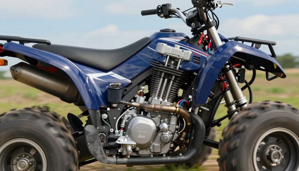 A detailed close-up of a quad bike engine showcasing its mechanical components, including the carburetor, exhaust system, and a high-performance air filter, placed prominently in the foreground. The engine should be gleaming with chrome accents and feature colorful wiring, emphasizing the power and complexity of the design. In the background, a soft-focus image of a quad bike in motion over a grassy terrain under a bright blue sky conveys speed and adventure. Natural lighting highlights the metallic textures of the engine, while a slight depth of field creates a dynamic perspective. The mood is energetic and encouraging, aimed at families considering quads for young riders. A detailed close-up of a quad bike engine showcasing its mechanical components, including the carburetor, exhaust system, and a high-performance air filter, placed prominently in the foreground. The engine should be gleaming with chrome accents and feature colorful wiring, emphasizing the power and complexity of the design. In the background, a soft-focus image of a quad bike in motion over a grassy terrain under a bright blue sky conveys speed and adventure. Natural lighting highlights the metallic textures of the engine, while a slight depth of field creates a dynamic perspective. The mood is energetic and encouraging, aimed at families considering quads for young riders.