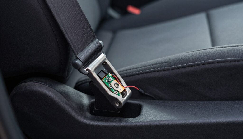 A detailed close-up of a seatbelt buckle sensor integrated into a car seat, showcasing its intricate components. In the foreground, highlight the metallic latch with a visible circuit board, wires, and pressure-sensitive elements, emphasizing wear and potential malfunction indicators. The middle layer features the cushioning and fabric of the car seat, rendered in a way that suggests durability and frequent use. In the background, a partially out-of-focus view of an automobile interior provides context. Soft lighting casts gentle shadows, enhancing the technical features while maintaining a clean and professional atmosphere. The overall mood is informative, suitable for a technical visual representation, focusing on clarity and detail without distraction. A detailed close-up of a seatbelt buckle sensor integrated into a car seat, showcasing its intricate components. In the foreground, highlight the metallic latch with a visible circuit board, wires, and pressure-sensitive elements, emphasizing wear and potential malfunction indicators. The middle layer features the cushioning and fabric of the car seat, rendered in a way that suggests durability and frequent use. In the background, a partially out-of-focus view of an automobile interior provides context. Soft lighting casts gentle shadows, enhancing the technical features while maintaining a clean and professional atmosphere. The overall mood is informative, suitable for a technical visual representation, focusing on clarity and detail without distraction.