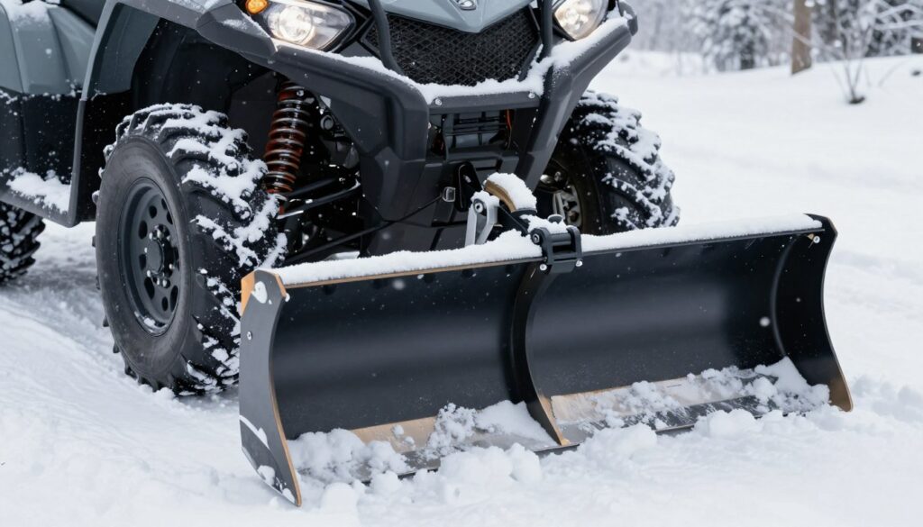 A detailed close-up of a state-of-the-art snow plow attachment designed for an ATV, showcasing its robust construction and intricate mechanical components. In the foreground, focus on the sharp edges of the plow blade, reflecting the icy landscape. The middle ground features the sleek body of an all-terrain vehicle, partially obscured by fresh snow, displaying winter-ready tires. In the background, a snow-covered landscape is visible with gently falling snowflakes creating a serene, wintry atmosphere. Use soft, diffused lighting to enhance the cold, crisp feel of winter, mimicking an overcast day. The angle should capture the plow's functionality, emphasizing its efficiency for snow removal, evoking a sense of practicality and reliability. A detailed close-up of a state-of-the-art snow plow attachment designed for an ATV, showcasing its robust construction and intricate mechanical components. In the foreground, focus on the sharp edges of the plow blade, reflecting the icy landscape. The middle ground features the sleek body of an all-terrain vehicle, partially obscured by fresh snow, displaying winter-ready tires. In the background, a snow-covered landscape is visible with gently falling snowflakes creating a serene, wintry atmosphere. Use soft, diffused lighting to enhance the cold, crisp feel of winter, mimicking an overcast day. The angle should capture the plow's functionality, emphasizing its efficiency for snow removal, evoking a sense of practicality and reliability.