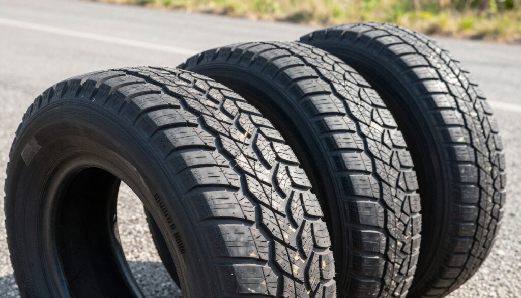 A detailed close-up of all-season tires, showcasing their robust tread patterns and durability. In the foreground, one prominently displayed tire is tilted to highlight its detailed texture, showcasing wear indicators and the sidewall design. In the middle ground, two additional tires are positioned side by side, illustrating approximate mileage marks and known indicators of wear. The background features a serene outdoor setting, perhaps a lightly gravelled road that suggests long-term usage, with soft sunlight casting gentle shadows to highlight the tire's features. The atmosphere is practical and informative, capturing the essence of performance, longevity, and reliability in various weather conditions. The image should be bright, with natural lighting, taken from a slight low angle to emphasize the tires.