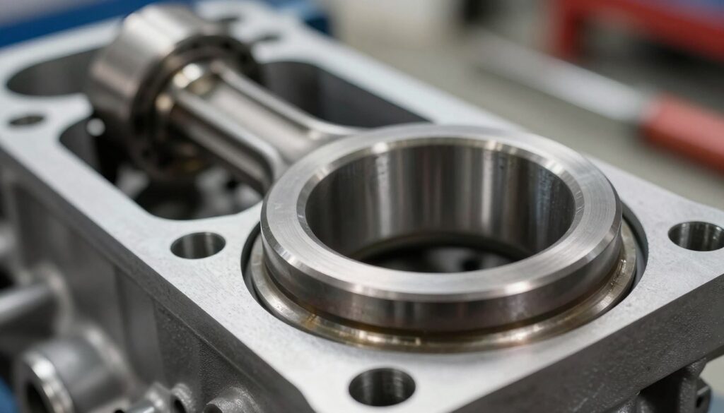 A detailed close-up of an engine's connecting rod bearing, showcasing its intricate structure. The foreground focuses on the metallic panewka with its smooth surface and wear patterns, highlighting the texture and finish. In the middle ground, you can see the connecting rod and crankshaft, emphasizing the mechanical relationship between components. The background is softly blurred with contextual elements from an engine, perhaps a faint outline of an engine block or tools, to suggest an automotive workshop environment. The lighting is bright yet soft, casting subtle reflections on the metal, and creating a clean, technical atmosphere. Capture the mood of precision and engineering, focusing on the importance of the panewka within the engine. A detailed close-up of an engine's connecting rod bearing, showcasing its intricate structure. The foreground focuses on the metallic panewka with its smooth surface and wear patterns, highlighting the texture and finish. In the middle ground, you can see the connecting rod and crankshaft, emphasizing the mechanical relationship between components. The background is softly blurred with contextual elements from an engine, perhaps a faint outline of an engine block or tools, to suggest an automotive workshop environment. The lighting is bright yet soft, casting subtle reflections on the metal, and creating a clean, technical atmosphere. Capture the mood of precision and engineering, focusing on the importance of the panewka within the engine.