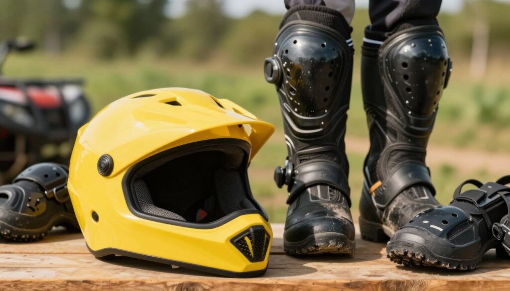 A detailed close-up of essential quad biking gear, featuring a bright yellow helmet, sturdy black boots, and durable knee and elbow protectors arranged neatly on a wooden surface. In the foreground, the helmet is placed slightly tilted as if freshly removed after a ride, with sunlight catching the glossy exterior. The boots are robust and rugged, showcasing their tread, while the protectors are arranged around them, hinting at their protective features. In the middle, a blurred backdrop of a green outdoor setting symbolizes the wild terrains typical for quad biking. The mood should feel adventurous and protective, emphasizing safety in sport. The lighting is warm and bright, suggesting a sunny day. Focus on realism and detail, avoiding any text or distractions in the image. A detailed close-up of essential quad biking gear, featuring a bright yellow helmet, sturdy black boots, and durable knee and elbow protectors arranged neatly on a wooden surface. In the foreground, the helmet is placed slightly tilted as if freshly removed after a ride, with sunlight catching the glossy exterior. The boots are robust and rugged, showcasing their tread, while the protectors are arranged around them, hinting at their protective features. In the middle, a blurred backdrop of a green outdoor setting symbolizes the wild terrains typical for quad biking. The mood should feel adventurous and protective, emphasizing safety in sport. The lighting is warm and bright, suggesting a sunny day. Focus on realism and detail, avoiding any text or distractions in the image.