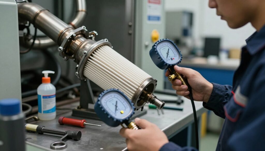 A detailed, close-up view of a DPF (Diesel Particulate Filter) being cleaned in a workshop setting. In the foreground, a technician in a professional work uniform is examining the DPF with a digital pressure gauge, showcasing a focus on technical details. The middle ground features a workbench cluttered with tools and cleaning supplies, while the background reveals industrial machinery and exhaust systems, creating a workshop atmosphere. Soft, ambient lighting enhances the technical nature of the scene, reflecting an air of professionalism and expertise. The angle is slightly tilted to emphasize the technician's actions and the DPF's intricate design, portraying the complexity of the cleaning process without any distractions or text. A detailed, close-up view of a DPF (Diesel Particulate Filter) being cleaned in a workshop setting. In the foreground, a technician in a professional work uniform is examining the DPF with a digital pressure gauge, showcasing a focus on technical details. The middle ground features a workbench cluttered with tools and cleaning supplies, while the background reveals industrial machinery and exhaust systems, creating a workshop atmosphere. Soft, ambient lighting enhances the technical nature of the scene, reflecting an air of professionalism and expertise. The angle is slightly tilted to emphasize the technician's actions and the DPF's intricate design, portraying the complexity of the cleaning process without any distractions or text.